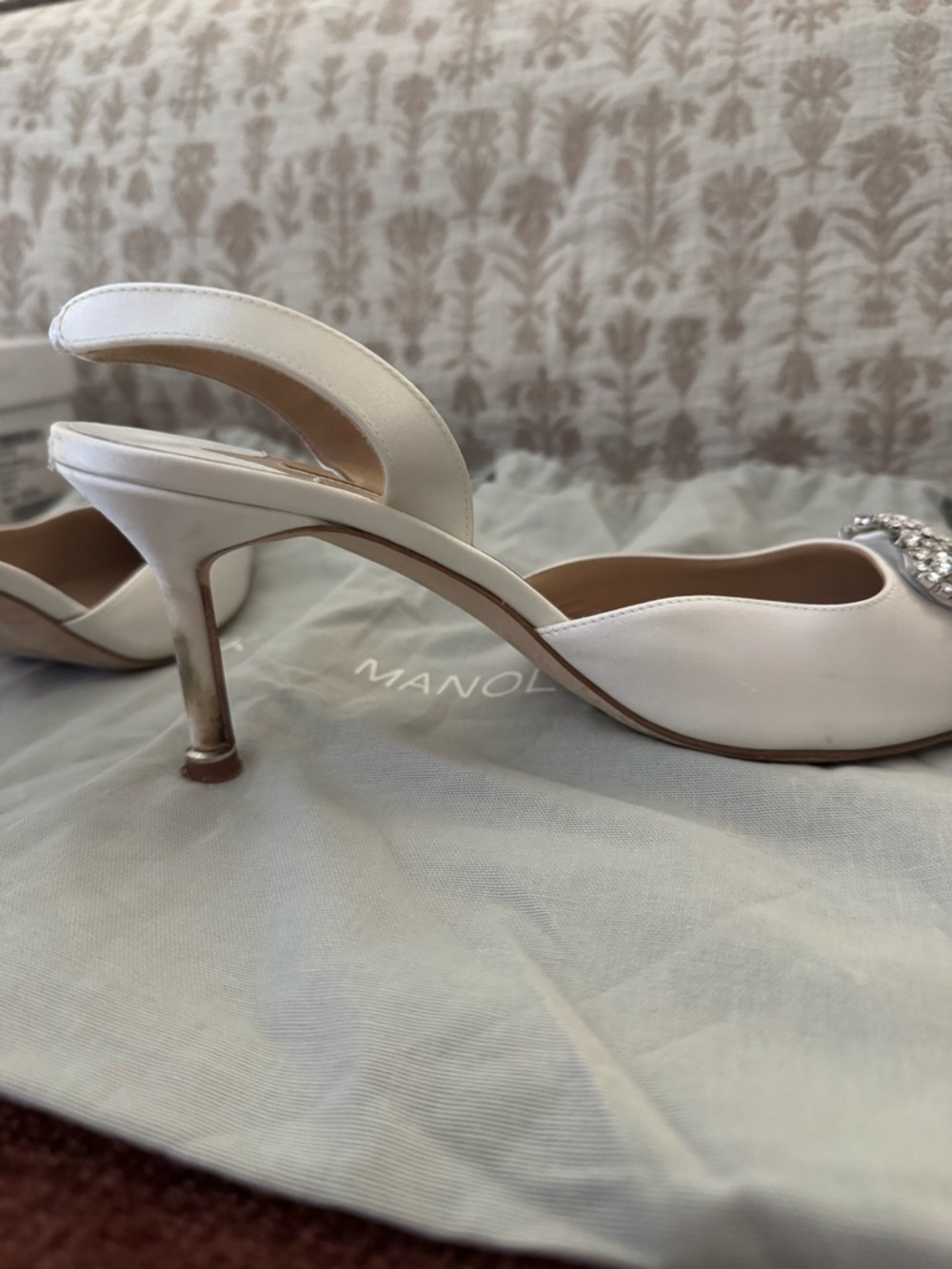 Manolo Blahnik White Satin Crystal-Embellished Slingback Pumps - Picture 12 of 13